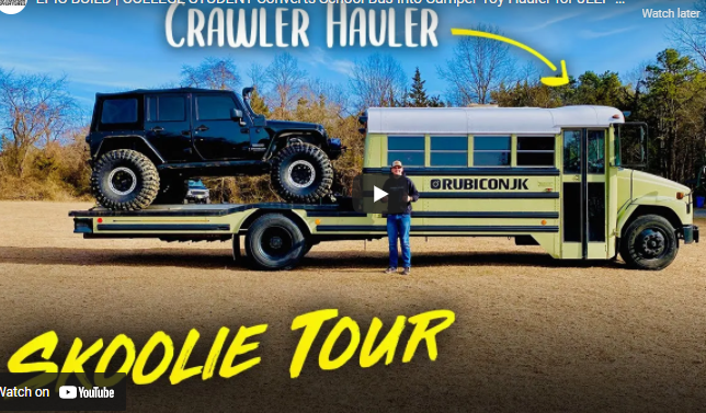 EPIC BUILD: Off-Roading College Student Converts School Bus Into Camper And Toy Hauler Combo For His Jeep